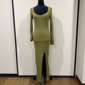 Open Edit Scoop Neck Long Sleeve Rib Sweater Dress in Olive Sphagnum